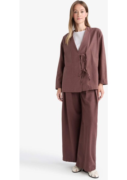 Regular Fit V Yaka Keten Karışımlı Kimono F7958AX25AU