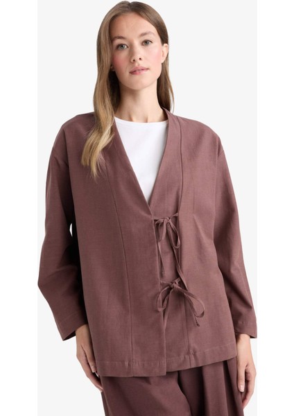 Regular Fit V Yaka Keten Karışımlı Kimono F7958AX25AU