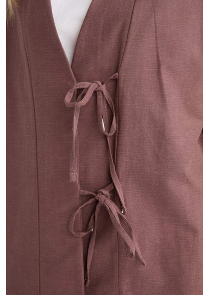Regular Fit V Yaka Keten Karışımlı Kimono F7958AX25AU