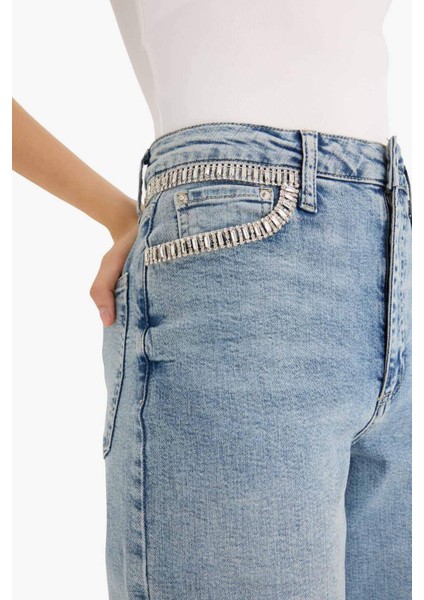 Kısa Geniş Paça Yüksek Bel Bilek Boy Jean Yıkamalı Pantolon F7769AX25AU