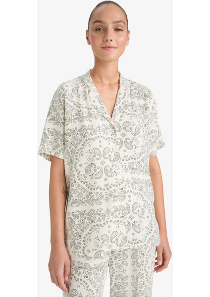 Pijama Takımı Regular Fit Viskon Desenli Kısa Kollu Üst Uzun Alt-Fall in Love F7556AX25AU