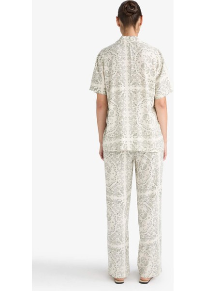 Pijama Takımı Regular Fit Viskon Desenli Kısa Kollu Üst Uzun Alt-Fall in Love F7556AX25AU