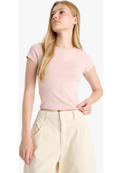 Fitted Bisiklet Yaka Ribana Kısa Kollu Tişört E0288AX25AU