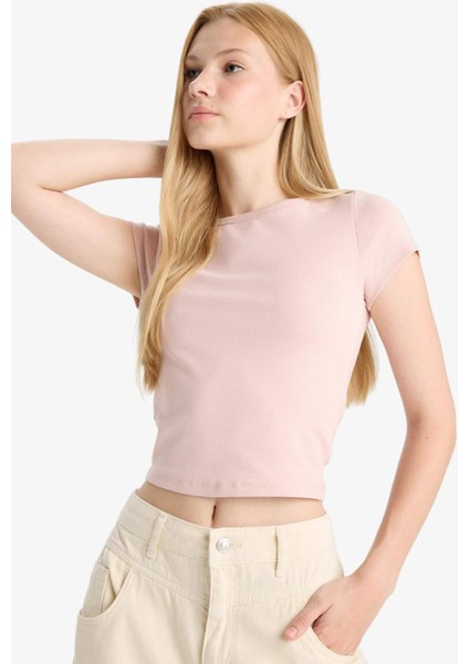 Fitted Bisiklet Yaka Ribana Kısa Kollu Tişört E0288AX25AU