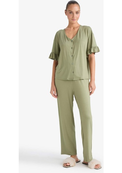 Pijama Takımı Regular Fit Kısa Kollu Üst Uzun Alt-Fall in Love F7559AX25AU