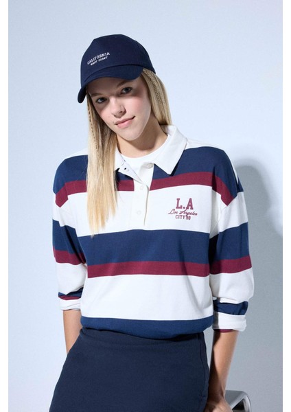 Oversize Geniş Kalıp Polo Yaka Çizgili Baskılı Sweatshirt