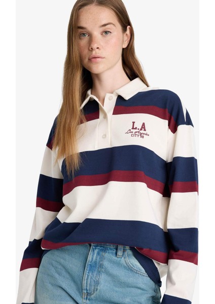 Oversize Geniş Kalıp Polo Yaka Çizgili Baskılı Sweatshirt