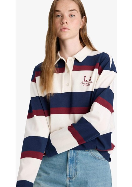 Oversize Geniş Kalıp Polo Yaka Çizgili Baskılı Sweatshirt