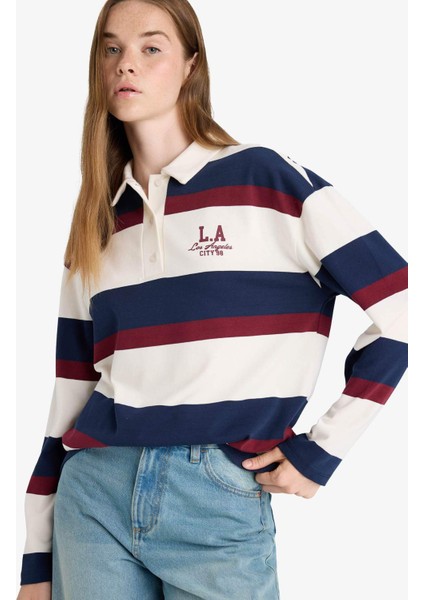 Oversize Geniş Kalıp Polo Yaka Çizgili Baskılı Sweatshirt