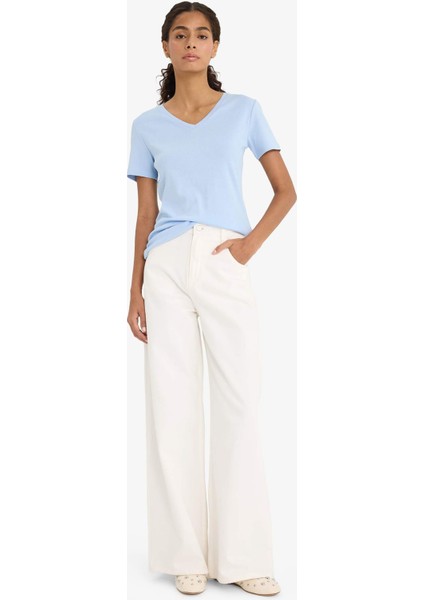 Slim Fit Dar Kesim V Yaka Basic Düz Ribana Kısa Kollu Tişört I1080AZ25AU