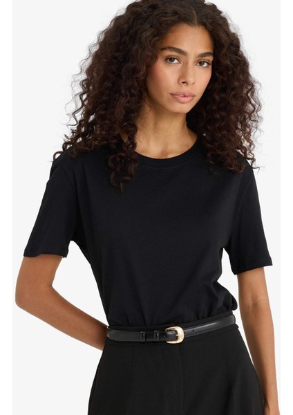 Regular Fit Bisiklet Yaka Basic Düz Penye Kısa Kollu Siyah Tişört W9584AZ25AU