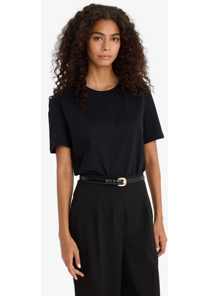 Regular Fit Bisiklet Yaka Basic Düz Penye Kısa Kollu Siyah Tişört W9584AZ25AU