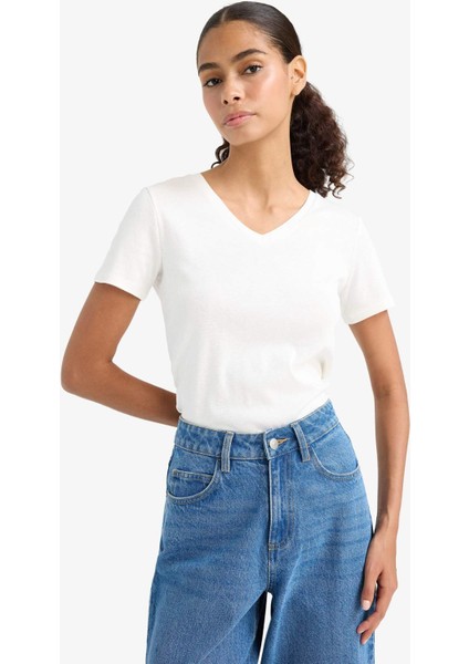 Slim Fit Dar Kesim V Yaka Basic Düz Ribana Kısa Kollu Tişört I1080AZ25AU