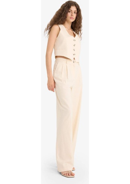Wide Leg Çift Cepli Yüksek Bel Standart Boy Keten Karışımlı Pantolon E1986AX25AU