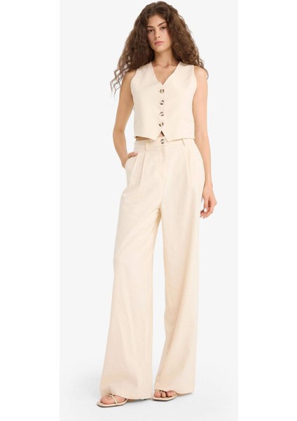 Wide Leg Çift Cepli Yüksek Bel Standart Boy Keten Karışımlı Pantolon E1986AX25AU