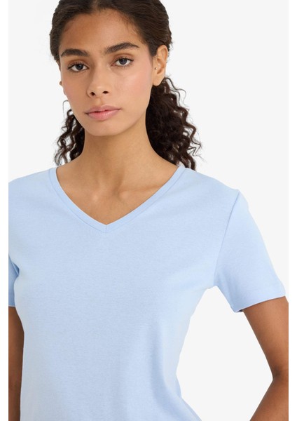 Slim Fit Dar Kesim V Yaka Basic Düz Ribana Kısa Kollu Tişört I1080AZ25AU