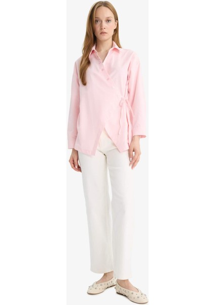 Regular Fit Gömlek Yaka Önden Bağlamalı Poplin Uzun Kollu Gömlek Tunik F8347AX25AU
