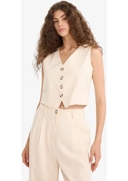 V Yaka Keten Karışımlı Blazer Yelek E1993AX25AU