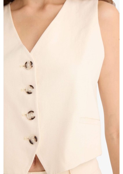 V Yaka Keten Karışımlı Blazer Yelek E1993AX25AU