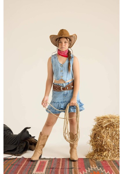 Kız Çocuk Pamuklu Düğmeli Jean Yelek F7165A825AU