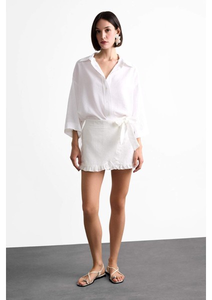 Bağlamalı Beyaz Mini Şort Etek F8337AX25SM