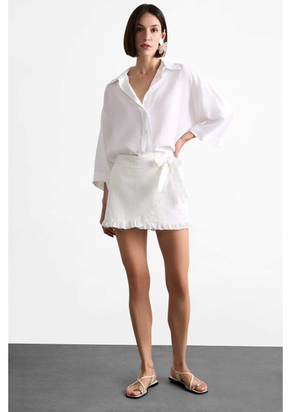 Bağlamalı Beyaz Mini Şort Etek F8337AX25SM