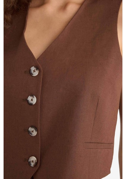 V Yaka Keten Karışımlı Blazer Yelek E1993AX25AU