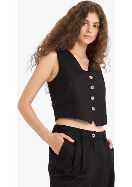 V Yaka Keten Karışımlı Blazer Yelek E1993AX25AU