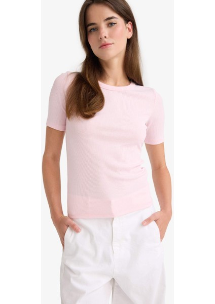 Slim Fit Dar Kesim Bisiklet Yaka Basic Düz Fitilli Kaşkorse Kısa Kollu Tişört C0097AX25AU