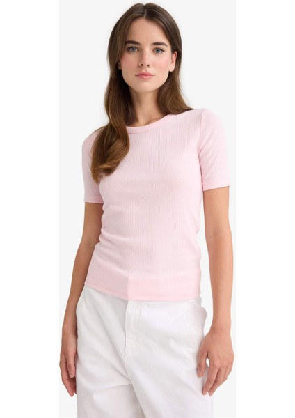 Slim Fit Dar Kesim Bisiklet Yaka Basic Düz Fitilli Kaşkorse Kısa Kollu Tişört C0097AX25AU