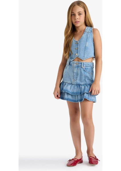Kız Çocuk Pamuklu Katlı Jean Etek F7167A825AU