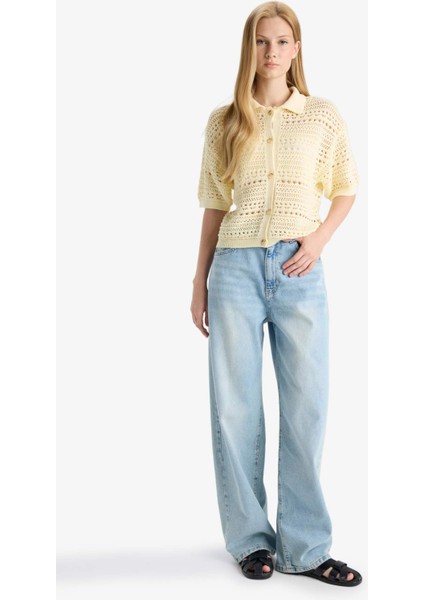 Slim Fit Dar Kesim Düğmeli Kısa Kollu Triko Hırka F8220AX25AU