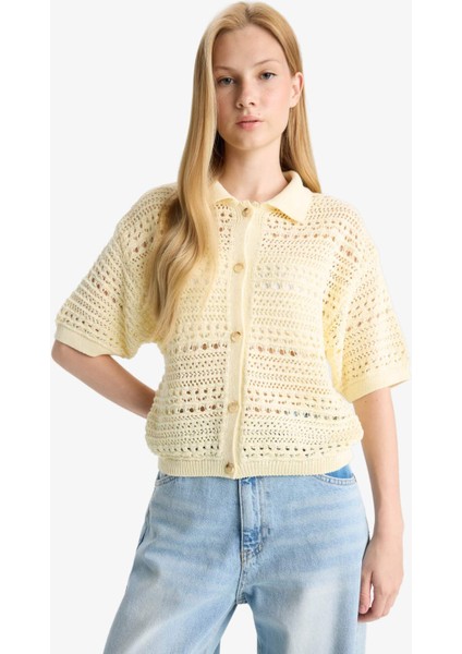 Slim Fit Dar Kesim Düğmeli Kısa Kollu Triko Hırka F8220AX25AU