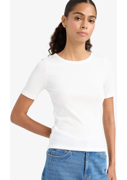 Slim Fit Dar Kesim Bisiklet Yaka Basic Düz Fitilli Kaşkorse Kısa Kollu Tişört C0097AX25AU