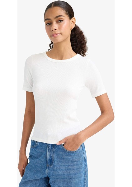 Slim Fit Dar Kesim Bisiklet Yaka Basic Düz Fitilli Kaşkorse Kısa Kollu Tişört C0097AX25AU