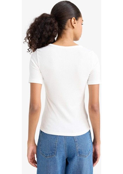 Slim Fit Dar Kesim Bisiklet Yaka Basic Düz Fitilli Kaşkorse Kısa Kollu Tişört C0097AX25AU