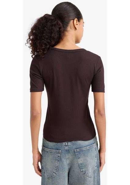 Slim Fit Dar Kesim Bisiklet Yaka Basic Düz Fitilli Kaşkorse Kısa Kollu Tişört C0097AX25AU