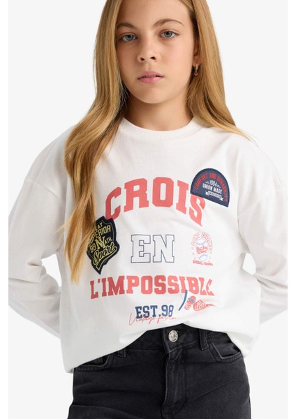 Kız Çocuk Oversize Geniş Kalıp Bisiklet Yaka Baskılı Uzun Kollu Okul Tişörtü F7581A825AU