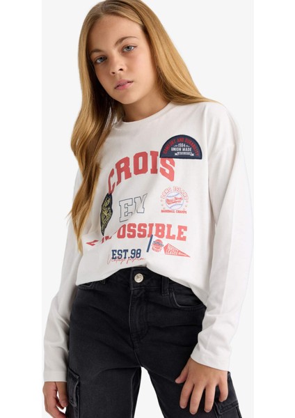 Kız Çocuk Oversize Geniş Kalıp Bisiklet Yaka Baskılı Uzun Kollu Okul Tişörtü F7581A825AU