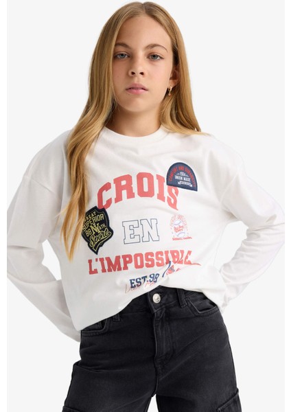 Kız Çocuk Oversize Geniş Kalıp Bisiklet Yaka Baskılı Uzun Kollu Okul Tişörtü F7581A825AU