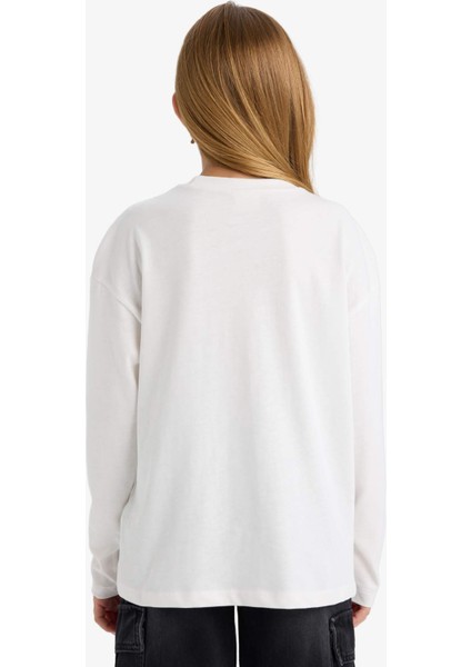 Kız Çocuk Oversize Geniş Kalıp Bisiklet Yaka Baskılı Uzun Kollu Okul Tişörtü F7581A825AU