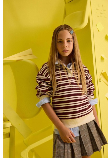 Kız Çocuk Relax Fit Polo Yaka Çizgili Uzun Kollu Okul Tişörtü F8399A825AU
