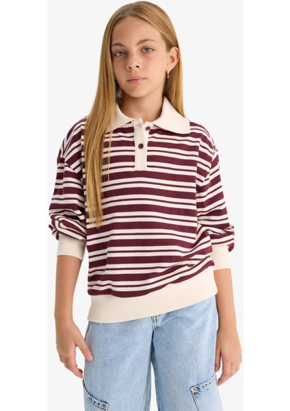 Kız Çocuk Relax Fit Polo Yaka Çizgili Uzun Kollu Okul Tişörtü F8399A825AU