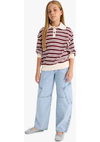 Kız Çocuk Relax Fit Polo Yaka Çizgili Uzun Kollu Okul Tişörtü F8399A825AU