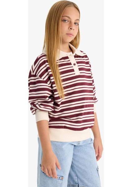 Kız Çocuk Relax Fit Polo Yaka Çizgili Uzun Kollu Okul Tişörtü F8399A825AU