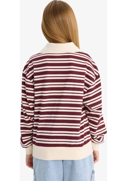 Kız Çocuk Relax Fit Polo Yaka Çizgili Uzun Kollu Okul Tişörtü F8399A825AU