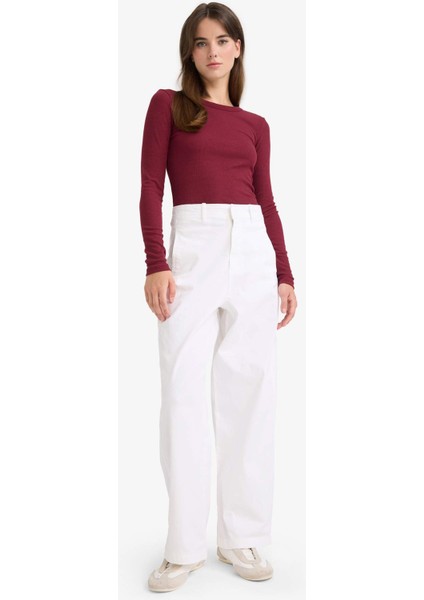Slim Fit Dar Kesim Basic Düz Fitilli Kaşkorse Uzun Kollu Tişört E5767AX25AU