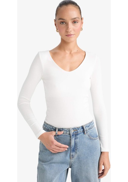 Slim Fit Dar Kesim Basic Düz Modal Uzun Kollu Tişört F7153AX25AU