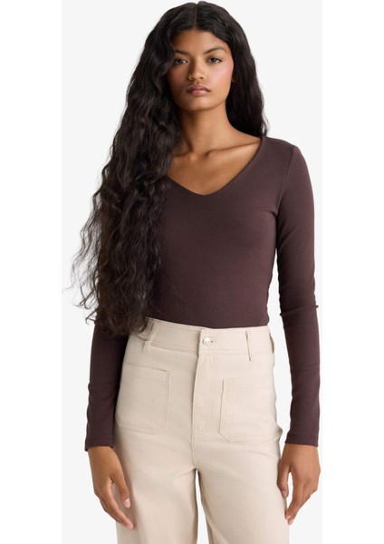 Slim Fit Dar Kesim Basic Düz Modal Uzun Kollu Tişört F7153AX25AU