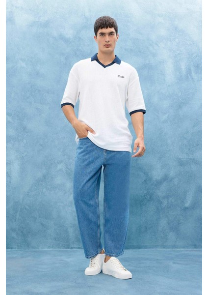 %100 Pamuk Tapered Wide Leg Fit Geniş Paça Jean Yıkamalı Pantolon F8397AX25AU